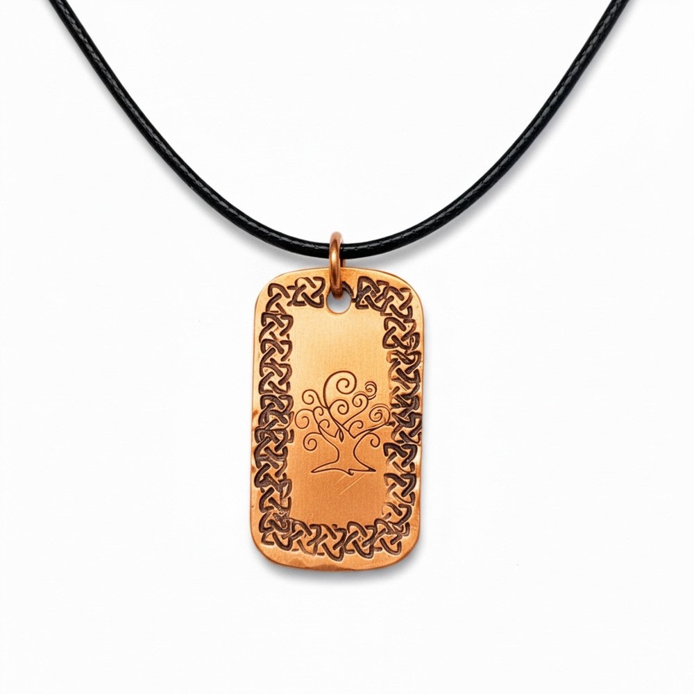 Handmade‎ Tree of Life Celtic knot border 
copper pendant black leather necklace
